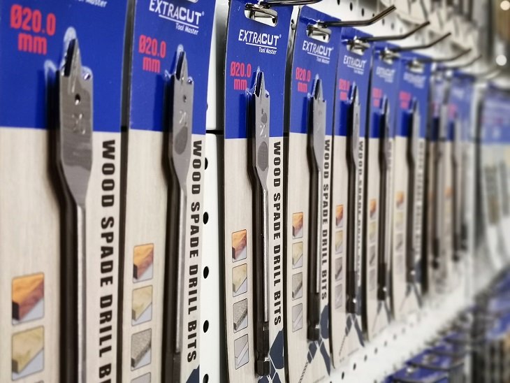 Wood spade drill bits on the sample-room display